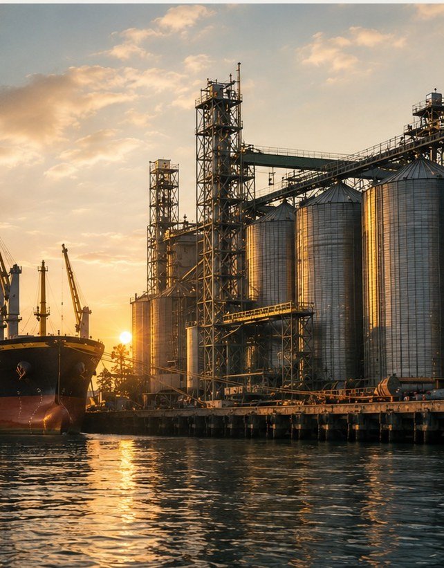 Cargo ship and grain silos at a port during sunset