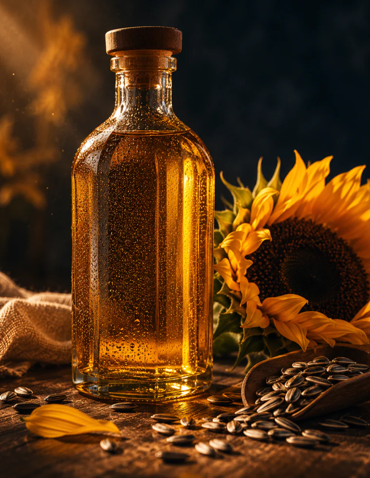 Bottle of sunflower oil with sunflower seeds